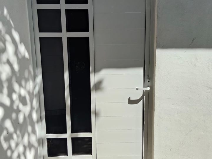 White aluminum entry door with grid glazing