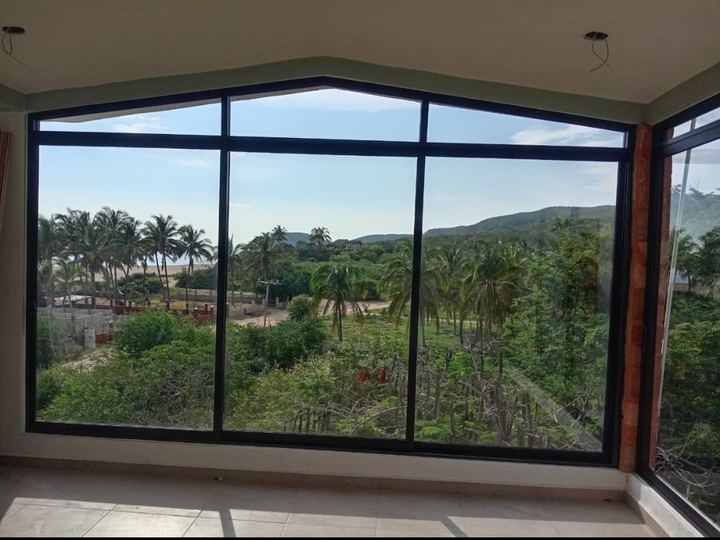 Black aluminum picture window with gable top and view over the greenery