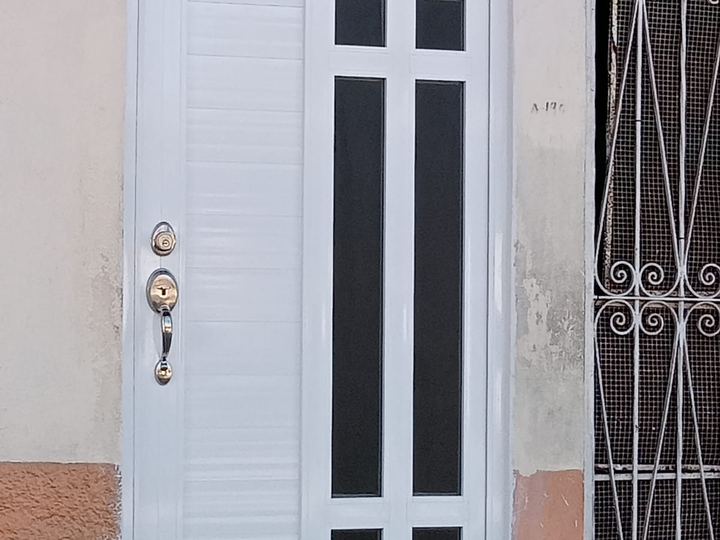 White aluminum entry door with grid glazing