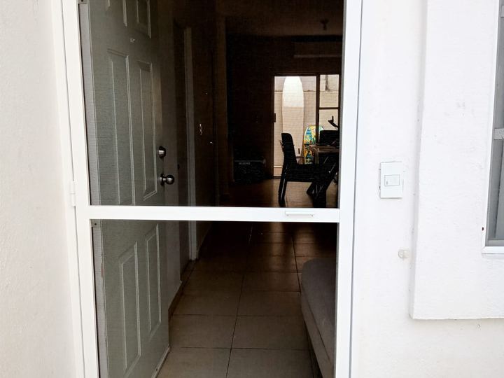White aluminum hinged insect screen on an entry door